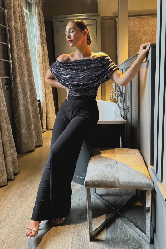 ATOM LABEL Carbon Jumpsuit in Gunmetal Sequin & Black (Regular Length) Satin wrap jumpsuit, Trendy, Elegant, Chic ATOM LABEL Carbon Jumpsuit in Gunmetal Sequin & Black (Regular Length) Satin wrap jumpsuit, Trendy, Elegant, Chic