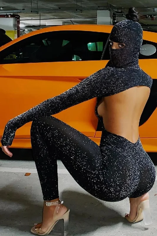 Backless Black glitter jumpsuit with balaclava Elegant black jumpsuit, Formal wear, Stylish, Chic Backless Black glitter jumpsuit with balaclava Elegant black jumpsuit, Formal wear, Stylish, Chic