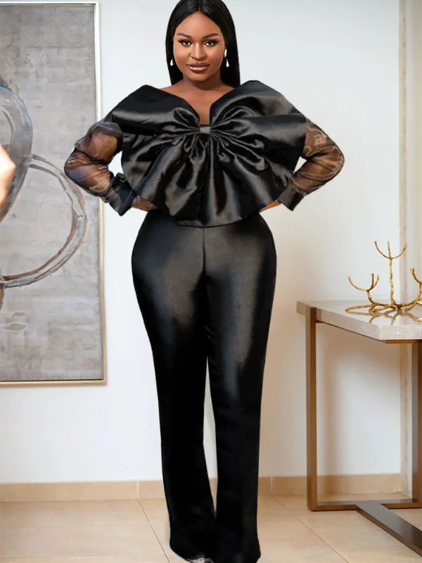 Women Organza Long Sleeve Big Bow Black Jumpsuit Backless jumpsuit, Sexy design, Party wear, Bold Women Organza Long Sleeve Big Bow Black Jumpsuit Backless jumpsuit, Sexy design, Party wear, Bold