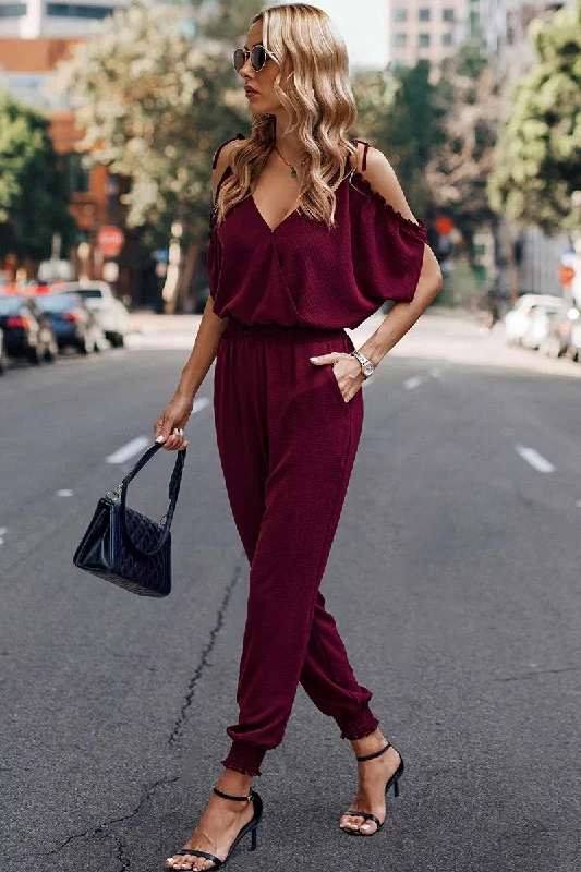 Cold Shoulder Petite Jumpsuit (Wine Coloured) Lace-up jumpsuit, Trendy, Sexy, Fashionable Cold Shoulder Petite Jumpsuit (Wine Coloured) Lace-up jumpsuit, Trendy, Sexy, Fashionable