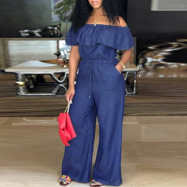 Bohemian Denim Off Shoulder Ruffle Wide Leg Jumpsuit Layered jumpsuit, Fashionable, Trendy, Chic Bohemian Denim Off Shoulder Ruffle Wide Leg Jumpsuit Layered jumpsuit, Fashionable, Trendy, Chic