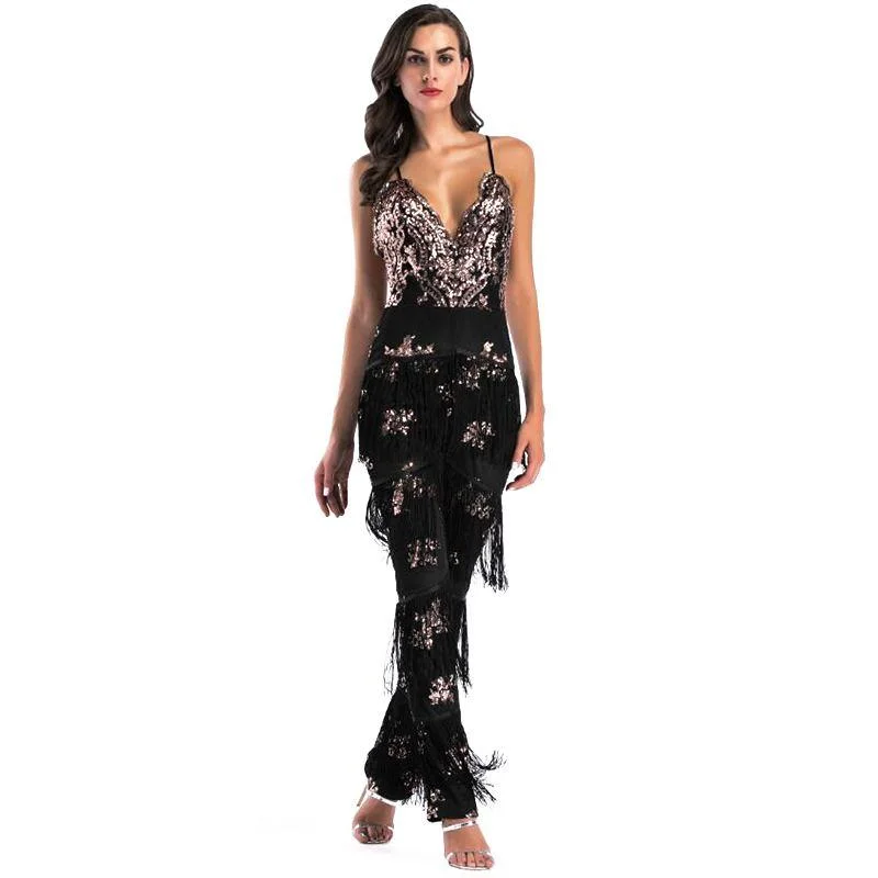 Fashion Tassel Sequin Design Women V Neck Party Jumpsuits Pleated jumpsuit, High waist, Fashion forward, Elegant Fashion Tassel Sequin Design Women V Neck Party Jumpsuits Pleated jumpsuit, High waist, Fashion forward, Elegant