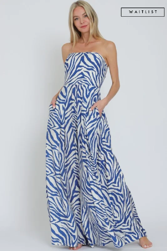 Waitlist 2/20 ♥ Francis Sleeveless Zebra Print Wide Leg Jumpsuit Blue Wide leg floral jumpsuit, Feminine, Stylish, Comfortable Waitlist 2/20 ♥ Francis Sleeveless Zebra Print Wide Leg Jumpsuit Blue Wide leg floral jumpsuit, Feminine, Stylish, Comfortable