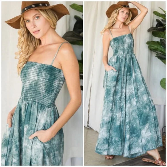 Green Tie Dye Wide Palazzo Flare Leg Smocked Bohemian Casual Jumpsuit w/ Pockets Off-shoulder wide leg jumpsuit, Trendy, Comfortable, Stylish Green Tie Dye Wide Palazzo Flare Leg Smocked Bohemian Casual Jumpsuit w/ Pockets Off-shoulder wide leg jumpsuit, Trendy, Comfortable, Stylish