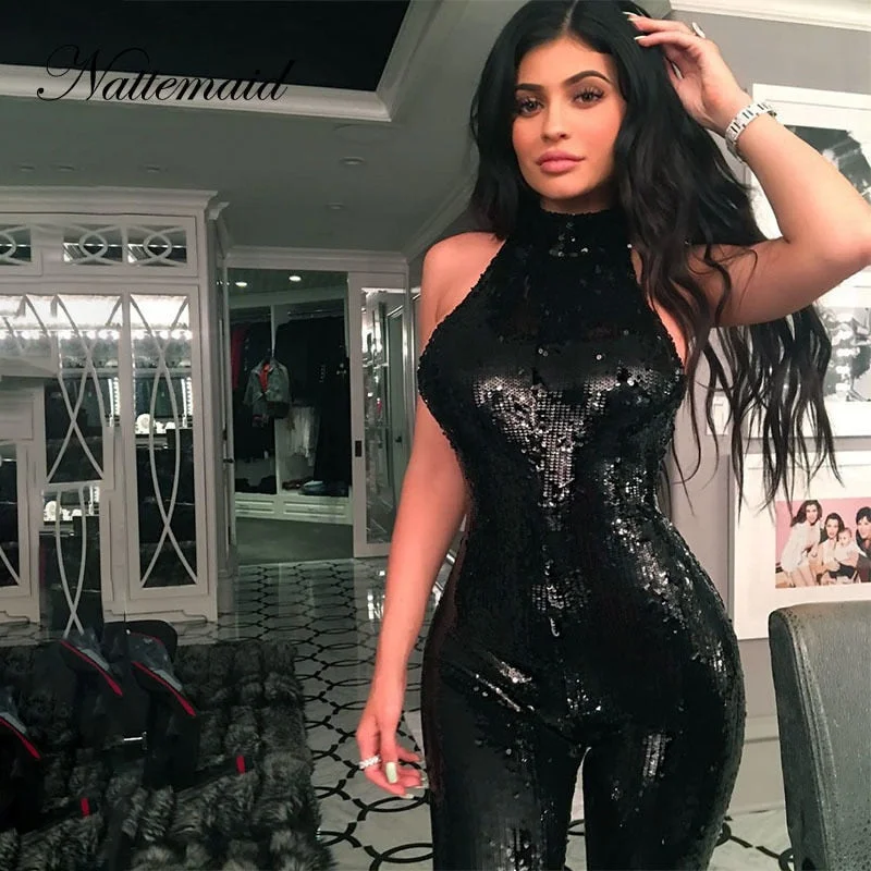 Black Satin Sleeveless Halter Sequin Jumpsuit Cargo style jumpsuit, Casual, Comfortable, Street style Black Satin Sleeveless Halter Sequin Jumpsuit Cargo style jumpsuit, Casual, Comfortable, Street style