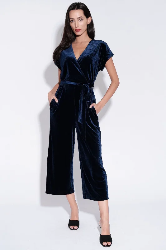 Louche Tiffany Navy Blue Velvet Cropped Leg Jumpsuit Back tie jumpsuit, Elegant, Feminine, Comfortable Louche Tiffany Navy Blue Velvet Cropped Leg Jumpsuit Back tie jumpsuit, Elegant, Feminine, Comfortable