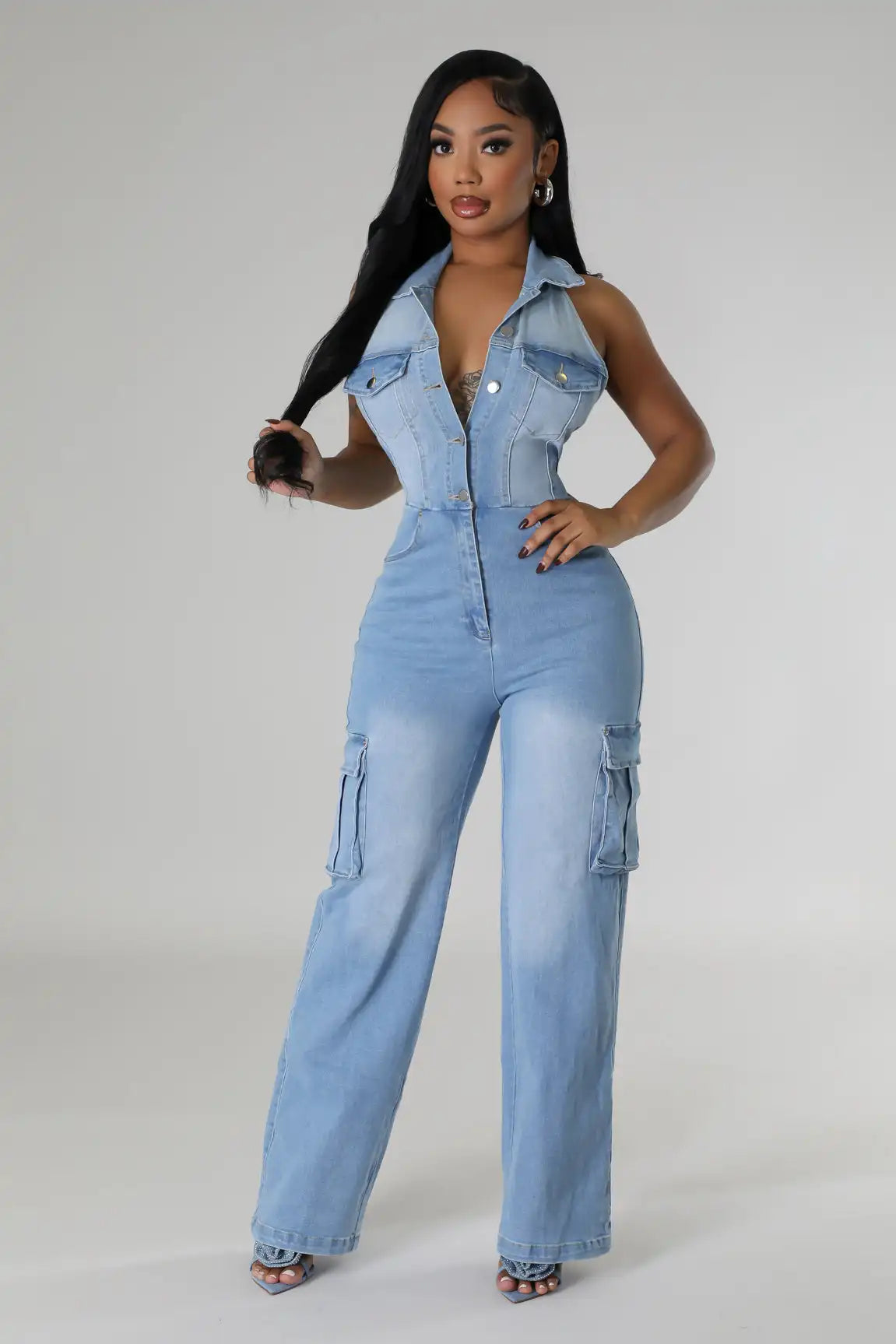 Blueberry Sorbet Stretch Denim Cotton Womens Jumpsuit Silk jumpsuit, Elegant, Luxurious, Evening wear Blueberry Sorbet Stretch Denim Cotton Womens Jumpsuit Silk jumpsuit, Elegant, Luxurious, Evening wear