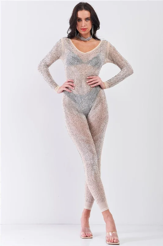 Nude Rhinestone Sheer Long Sleeve Bodycon Jumpsuit Trendy jumpsuit, Fashion-forward, Chic, Elegant Nude Rhinestone Sheer Long Sleeve Bodycon Jumpsuit Trendy jumpsuit, Fashion-forward, Chic, Elegant