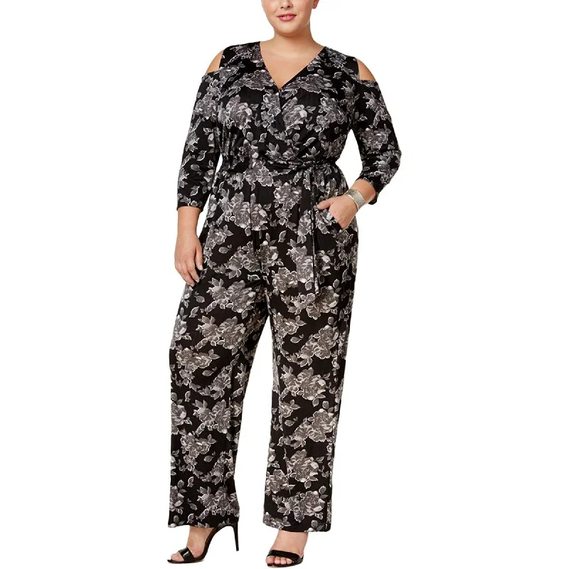 NY Collection Floral Print 3/4 Sleeve Cold Shoulder Jumpsuit Plus Size Casual chic jumpsuit, Comfortable, Trendy, Street style NY Collection Floral Print 3/4 Sleeve Cold Shoulder Jumpsuit Plus Size Casual chic jumpsuit, Comfortable, Trendy, Street style