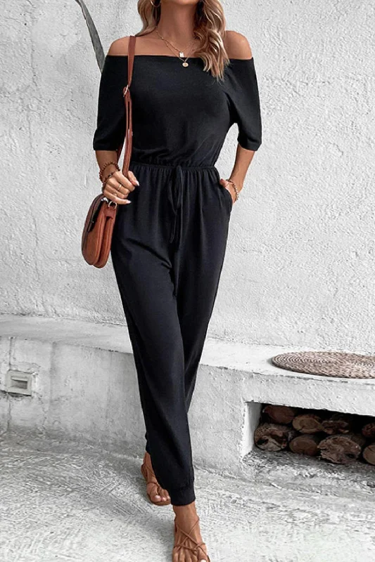 Off-Shoulder Jumpsuit with Pockets Black denim jumpsuit, Casual chic, Street style, Trendy Off-Shoulder Jumpsuit with Pockets Black denim jumpsuit, Casual chic, Street style, Trendy