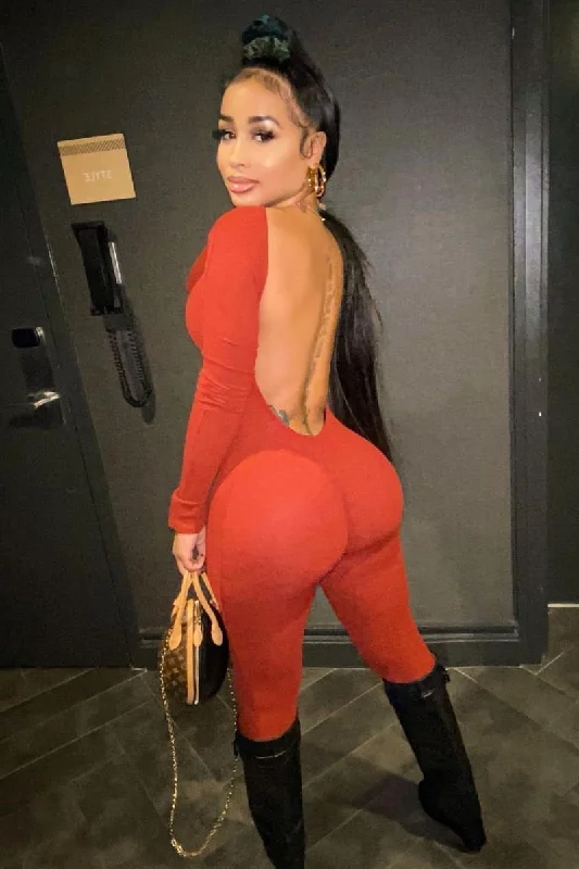 Orange Long Sleeve Backless Stacked Jumpsuit Solid jumpsuit, Minimalist style, Elegant, Comfortable Orange Long Sleeve Backless Stacked Jumpsuit Solid jumpsuit, Minimalist style, Elegant, Comfortable