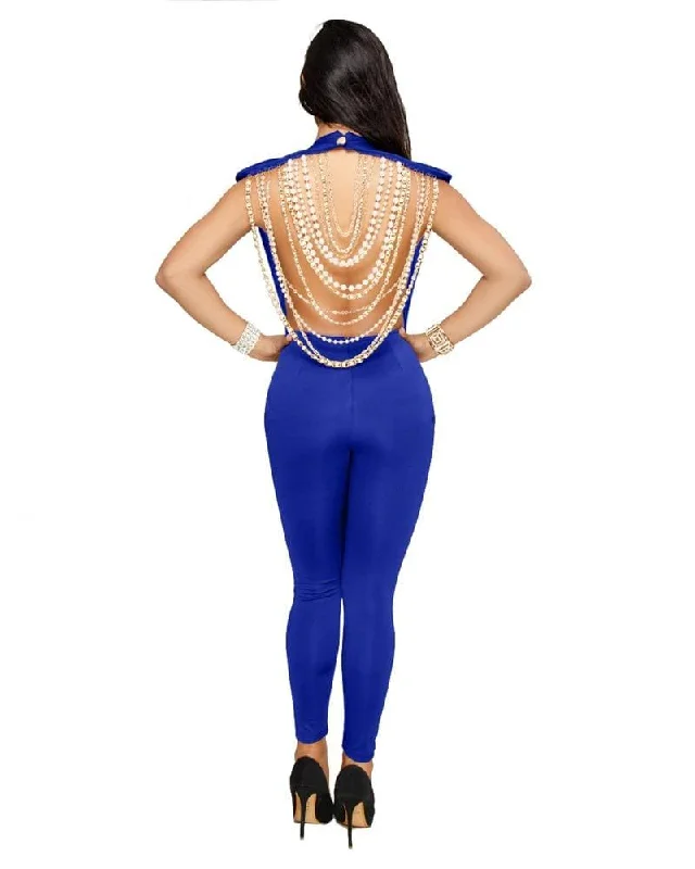 pearl chain backless sleeveless blue jumpsuit Double-breasted jumpsuit, Vintage, Elegant, Chic pearl chain backless sleeveless blue jumpsuit Double-breasted jumpsuit, Vintage, Elegant, Chic