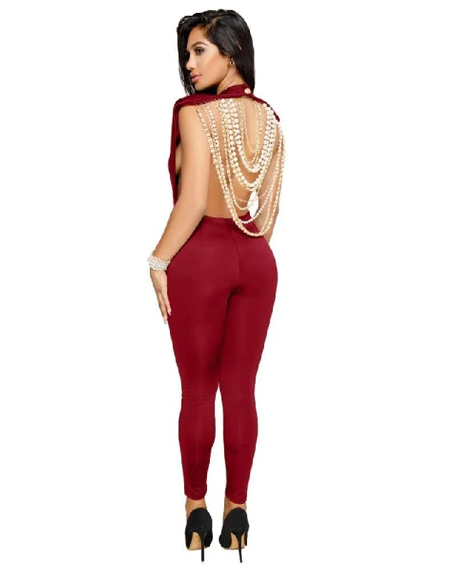 Pearl chain backless sleeveless Red jumpsuit Jumpsuit with knot, Elegant, Chic, Comfortable Pearl chain backless sleeveless Red jumpsuit Jumpsuit with knot, Elegant, Chic, Comfortable