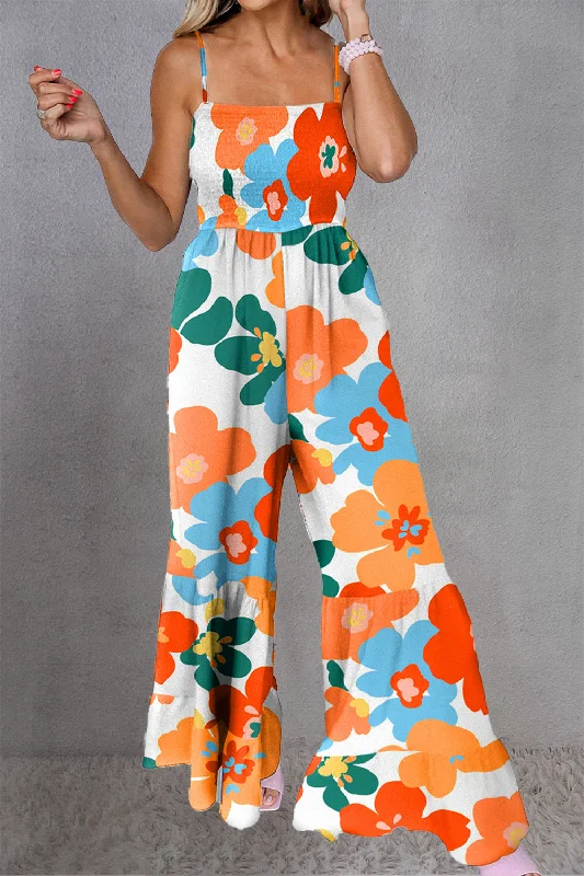 Floral Print Smocked Spaghetti Strap Jumpsuit Sporty jumpsuit, Casual, Comfortable, Athletic Floral Print Smocked Spaghetti Strap Jumpsuit Sporty jumpsuit, Casual, Comfortable, Athletic
