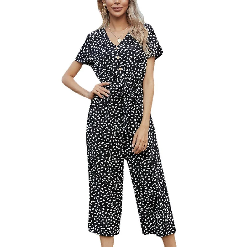 Single Breasted V Neck Short Sleeve Printed Wide Leg Capri Jumpsuit Boho chic jumpsuit, Relaxed, Comfortable, Trendy Single Breasted V Neck Short Sleeve Printed Wide Leg Capri Jumpsuit Boho chic jumpsuit, Relaxed, Comfortable, Trendy