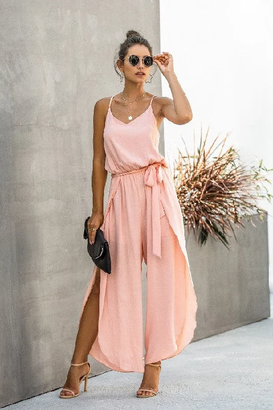 Spaghetti Strap Wide Leg Jumpsuit (Pink) Ruffle hem jumpsuit, Feminine, Trendy, Elegant Spaghetti Strap Wide Leg Jumpsuit (Pink) Ruffle hem jumpsuit, Feminine, Trendy, Elegant