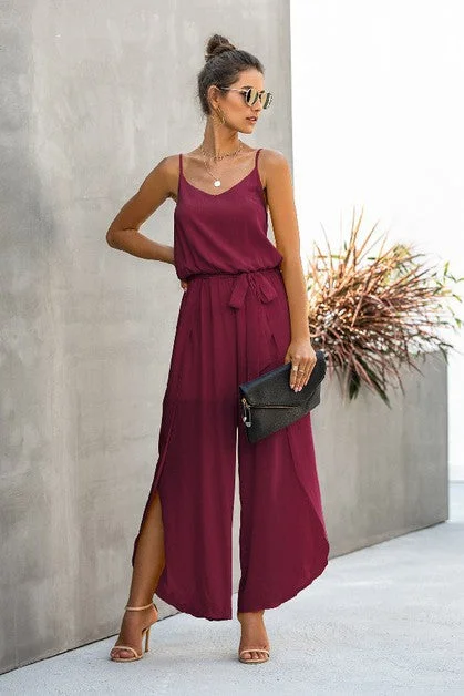 Spaghetti Strap Wide Leg Jumpsuit (Wine Coloured) Minimalist jumpsuit, Sleek, Fashionable, Comfortable Spaghetti Strap Wide Leg Jumpsuit (Wine Coloured) Minimalist jumpsuit, Sleek, Fashionable, Comfortable