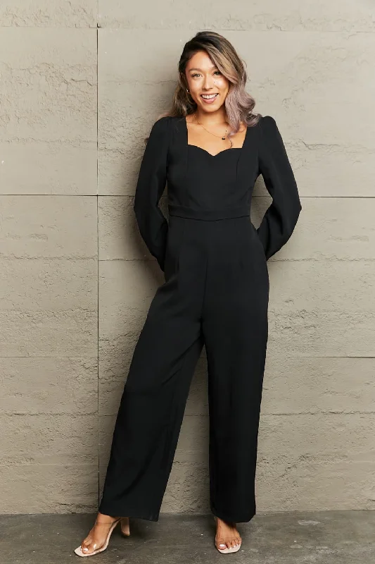 Sweetheart Neck Flounce Sleeve Jumpsuit Satin jumpsuit, Luxurious fabric, Glamorous, Evening wear Sweetheart Neck Flounce Sleeve Jumpsuit Satin jumpsuit, Luxurious fabric, Glamorous, Evening wear