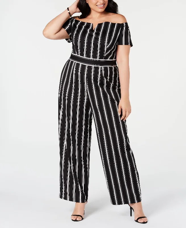 Teeze Me Trendy Plus Size Striped Off The Shoulder Jumpsuit Loose fit jumpsuit, Casual, Comfortable, Stylish Teeze Me Trendy Plus Size Striped Off The Shoulder Jumpsuit Loose fit jumpsuit, Casual, Comfortable, Stylish