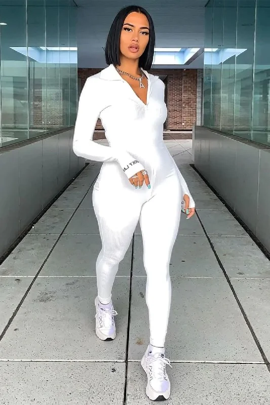 White Long Sleeve Ribbed Turtleneck Jumpsuit Off-shoulder jumpsuit, Elegant, Cocktail party, Fashionable White Long Sleeve Ribbed Turtleneck Jumpsuit Off-shoulder jumpsuit, Elegant, Cocktail party, Fashionable