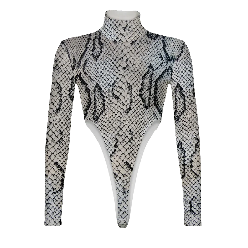 White Snake Skin Turtleneck Long Sleeve Jumpsuit Skinny leg jumpsuit, Sleek, Elegant, Trendy White Snake Skin Turtleneck Long Sleeve Jumpsuit Skinny leg jumpsuit, Sleek, Elegant, Trendy