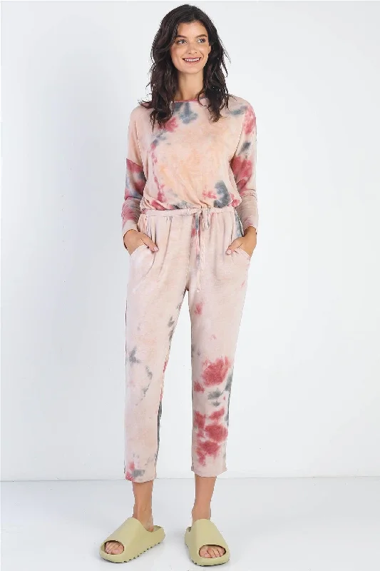 Burgundy Tie-Dye Round Neck Long Sleeve Jumpsuit Lightweight jumpsuit, Comfortable, Relaxed, Stylish Burgundy Tie-Dye Round Neck Long Sleeve Jumpsuit Lightweight jumpsuit, Comfortable, Relaxed, Stylish