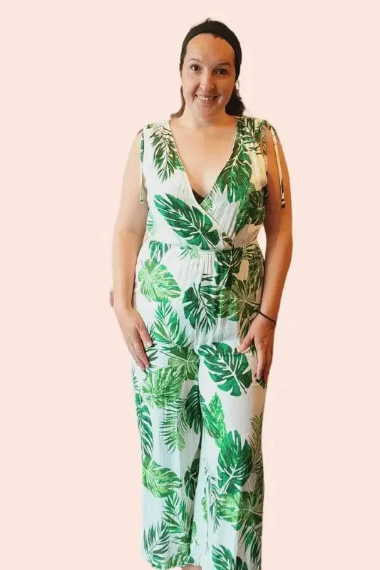 Women's Tropical Leaf Print Jumpsuit - Bohemian Vacation Vibes Street style jumpsuit, Trendy, Casual, Comfortable Women's Tropical Leaf Print Jumpsuit - Bohemian Vacation Vibes Street style jumpsuit, Trendy, Casual, Comfortable